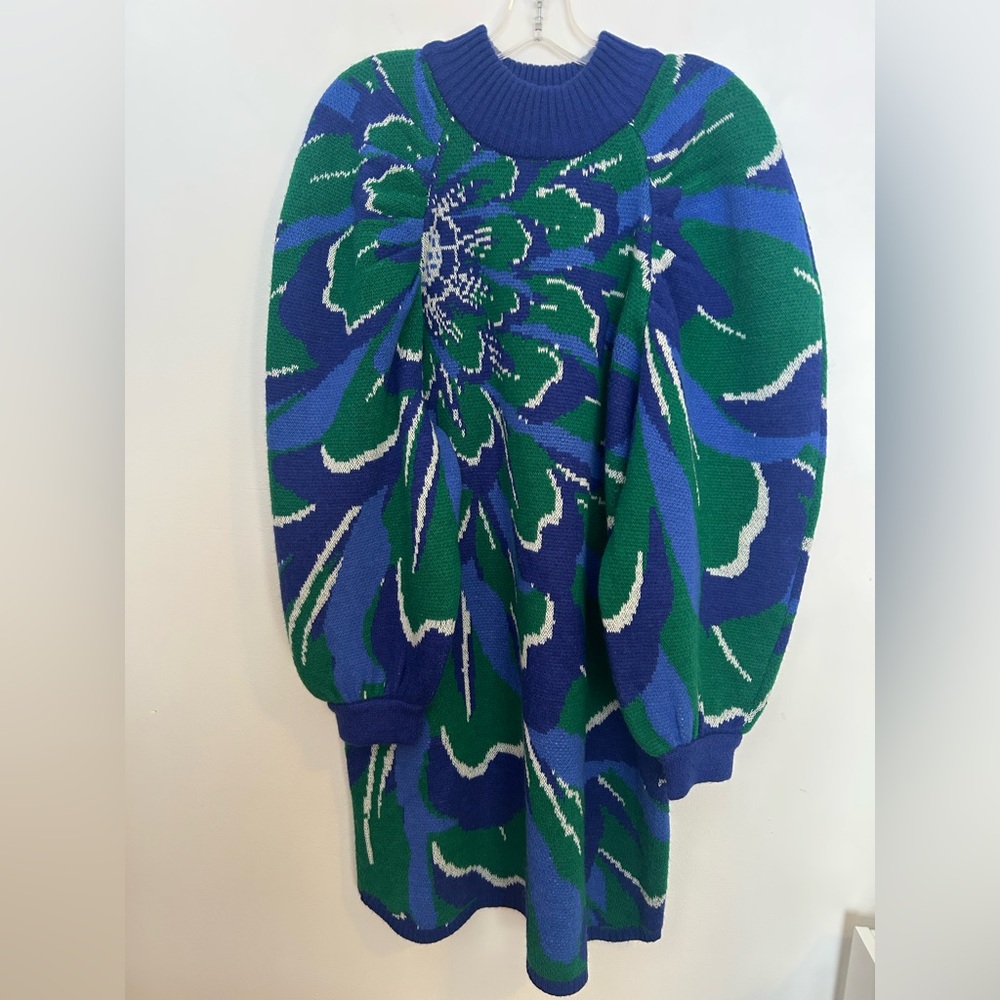 Farm Rio Knit Sweater Dress Balloon sleeves Size Large Floral Multi Color Blue - Picture 2 of 12